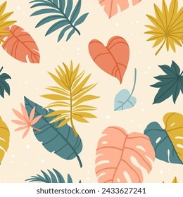 Tropical leaves pattern. Abstract seamless texture with colorful jungle palm leaf. Modern background botanical foliage and floral plants for design. Vector set. Hawaiian environment