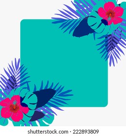 Tropical leaves pattern background.Design for card.Leaves and flowers in the corners.