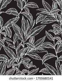 Patrón de hojas tropicales. Diseño vectorial transparente en blanco y negro.  