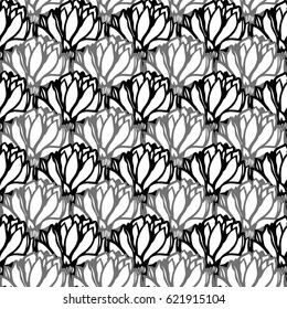 Tropical leaves pattern. Black and white illustration.