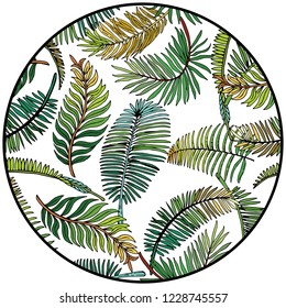 Tropical Leaves Pattern in Circle. Exotic Palm Leaves Background. Jungle Leaves Vector Floral Pattern. Hand Drawn illustration. 