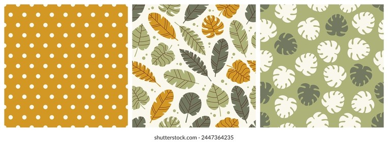 Colección de patrón de hojas tropicales en colores amarillo y verde. Hojas de palma, monstruos, bosque de selva brillante. Ilustración vectorial botánica. Diseño exótico moderno para papel, tela y decoración interior.