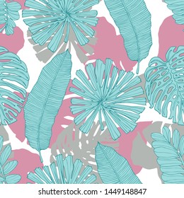 Tropical leaves pattern. Colorful exotic plant. Postcard, banner, border, poster, wrapping paper.