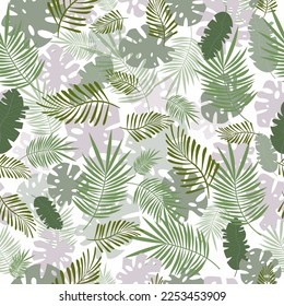 Tropical leaves pattern. Endless vector texture on light violet background. Print for textile, bed linen, clothers, wall paper, cosmetics packing