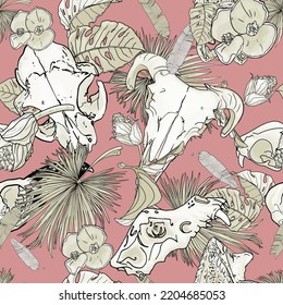 Tropical leaves pattern, exotic flowers and animal skulls. Boho seamless illustration for printing on textiles, blank for designer, print