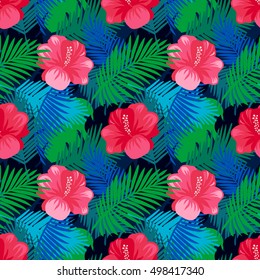 Tropical leaves pattern with flowers. Summer exotic floral palm and  jungle leaves pattern background. Vector illustration. 