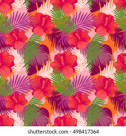 Tropical leaves pattern with flowers. Summer exotic floral palm and  jungle leaves pattern background. Vector illustration. 