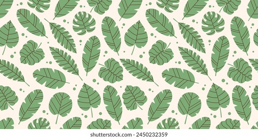 Tropical leaves pattern in green color.  Palm leaves, monsters, bright jungle forest. Botanical vector illustration. Modern exotic design for paper, fabric, and interior decor. Summer Journey. 