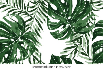 Tropical Leaves Pattern Hand Painted. Green Plant Print. Palm And Monstera Floral Miami Style. Tropical Leaves Pattern Hand Painted Seamless Pattern.
