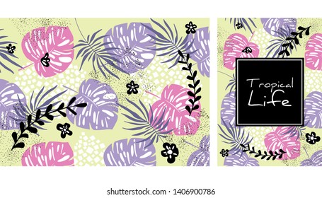 Tropical leaves pattern, handdrawn watercolor vector illustration. Monstera and palms print. Summer design. Creative background.