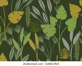 Tropical leaves pattern. Jungle exotic hand drawn palms and plants seamless pattern for wrapping, paper, craft, textile, fabric, summer design, backdrop, wallpaper, print, social media.