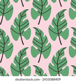 Patrón de hojas tropicales, hojas de selva patrón floral de Vector sin costuras. Para textiles. Fondo de verano en color pastel