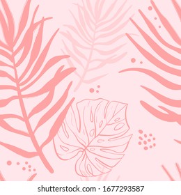Tropical leaves pattern. Line artwork on pink background. Vector hand drawn seamless background for fabric or wallpaper.