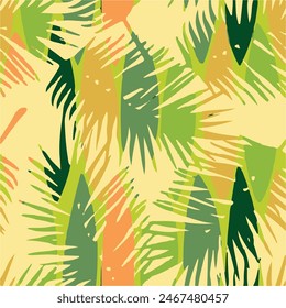 Tropical leaves pattern with multicolored hand drawn leaves. Abstract trendy exotic floral pattern perfect for textile, wallpaper and decoration