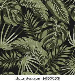 Tropical leaves pattern on black background. Green tropical Jungle pattern