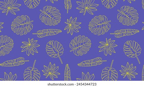 Tropical leaves pattern on dark violet background. Exotic plants illustration. Design for textile print, wallpaper, product packaging. Botanical summer backdrop.
