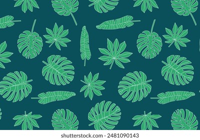 Tropical leaves pattern on dark green background. Exotic plants illustration. Design for textile print, wallpaper, product packaging. Botanical summer backdrop.