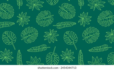 Tropical leaves pattern on green background. Exotic plants illustration. Design for textile print, wallpaper, product packaging. Botanical summer backdrop.