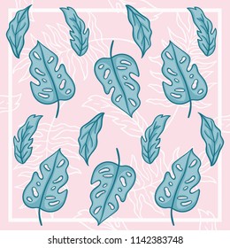 Tropical leaves pattern on pink background