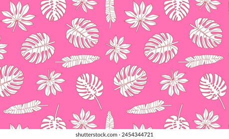 Tropical leaves pattern on pink background. Exotic plants illustration. Design for textile print, wallpaper, product packaging. Botanical summer backdrop.