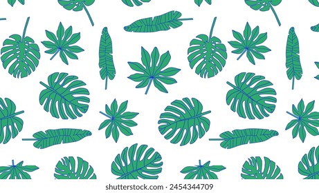 Tropisches Blattmuster auf weißem Hintergrund. Exotische Pflanzen Illustration. Design für Textildruck, Bildschirmhintergrund, Produktverpackung. Botanische Sommerkulisse.