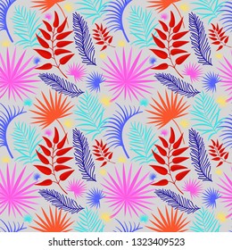 Tropical leaves pattern with palm tree branches and banana leaf. Summer exotic rainforest leaves seamless background with jungle Hawaii plants.