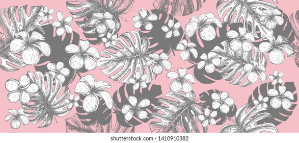 Tropical leaves pattern pink background. Hand drawn illustration.