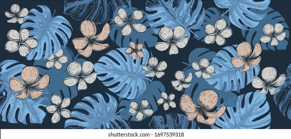 Tropical leaves pattern pink background. Hand drawn illustration.	
