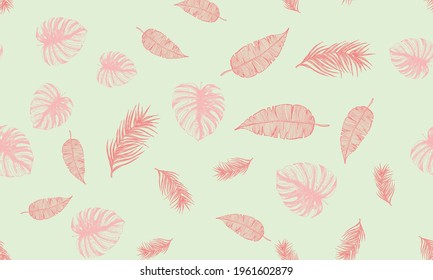 Tropical leaves pattern pink background. Hand drawn illustration.	