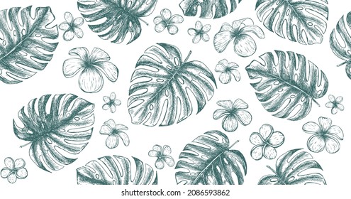 Tropical leaves pattern pink background. Hand drawn illustration.	