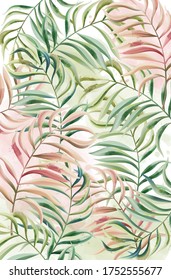 Tropical leaves pattern. Red and green color. Watercolor. Vector