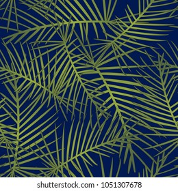 Tropical Leaves Pattern Seamless on Navy Blue Background. Vector Illustration.
