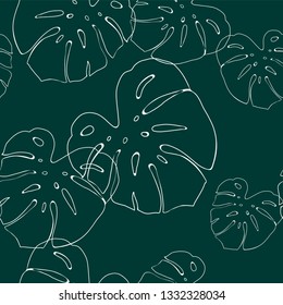 Tropical leaves pattern. Seamless texture with monstera leaf. Hand drawn tropic foliage. Exotic green background.