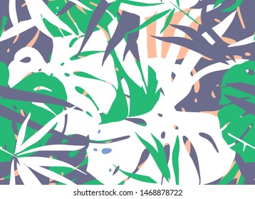 Tropical leaves pattern. Seamless texture with monstera foliage and palm leaves. Design element, print, banner for
tourism and travel industry, summer sale, fabrics.