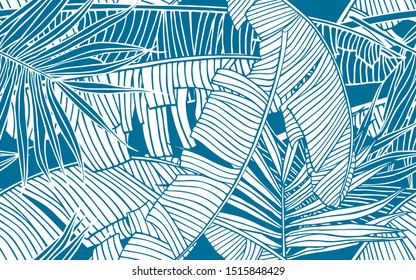 Tropical leaves pattern. Seamless texture with banana foliage and palm leaf. Design element, banner for tourism and travel industry, summer sale, print for fabrics and textile.
