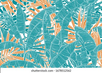 Tropical leaves pattern. Seamless texture with banana leaves and palm tree leaf.  Banner for the travel and tourism industry, summer sale. Colorful, bright floral design element, print for fabrics.