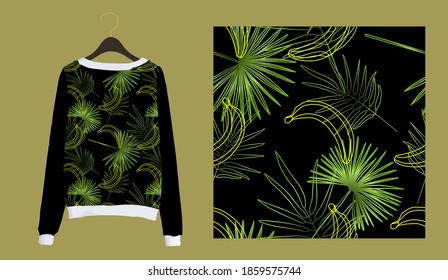tropical leaves pattern seamless. Trending palm leaves on a dark background.