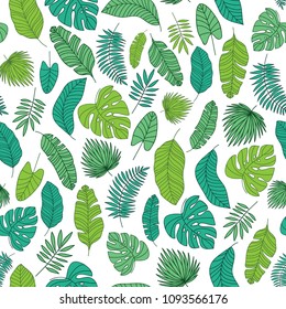 Tropical leaves pattern seamless vector illustration with green color palette
