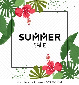 tropical leaves pattern summer. palm leaf, banana leaf, hibiscus, flowers. Jungle trees. botanical vector design.