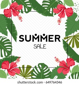 tropical leaves pattern summer. palm leaf, banana leaf, hibiscus, flowers. Jungle trees. botanical vector design.