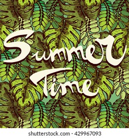 Tropical Leaves Pattern with Text "Summer Time"