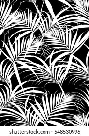 Tropical Leaves Pattern In Vector And Black Color.