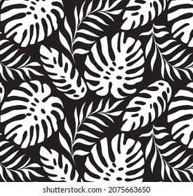 Patrón de hojas tropicales, ilustración vectorial en blanco y negro.  Impresión exótica a la moda para diferentes usos. siluetas aisladas. 