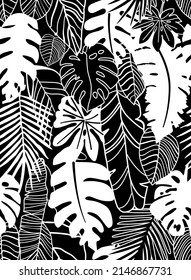 Tropical leaves pattern. Vector illustration. Black and white.