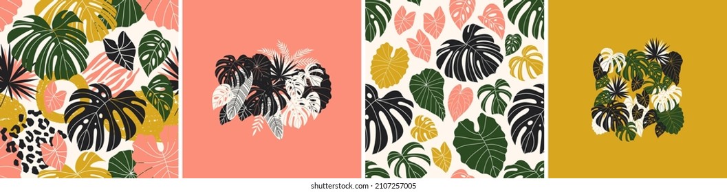 Tropical leaves patterns and compositions. Exotic palm leaves backgrounds collection. Vector illustration.