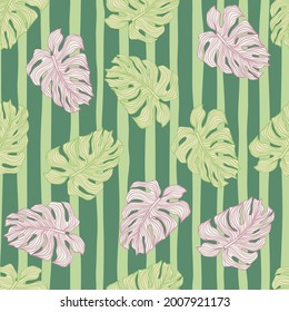 Tropical leaves philodendron plant silhouette seamless pattern on lines background. Backdrop with green monstera leaf. Exotic wallpaper. Vector design for fabric, textile print, wrapping paper