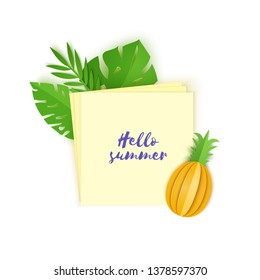 Tropical leaves and pineapple on note paper. Vector illustration of plants and fruits in paper cut style. Several white sheets lying on top of each other with space for text.