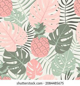 Tropical leaves and pineapple seamless pattern