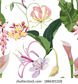 Tropical leaves with pink exotic flowers. Seamless design with amazing Medinilla palant with flowers. Fashion, interior, wrapping, packaging suitable. Realistic branch on white background.