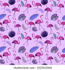 tropical leaves and pink flamingos seamless pattern. eps10 vector illustration. hand drawing